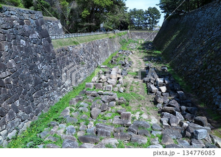 名古屋城の景観:補修工事の為、内堀に仮置きされている石垣の石材 名古屋城の景観:補修工事の為、内堀に仮置きされている石垣の石材 134776085