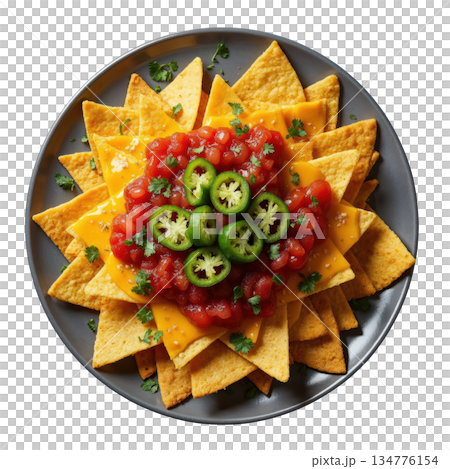 Appetizing nacho platter topped with cheese, salsa, and jalapeno. savory corn chip snack on grey plate, top view 134776154