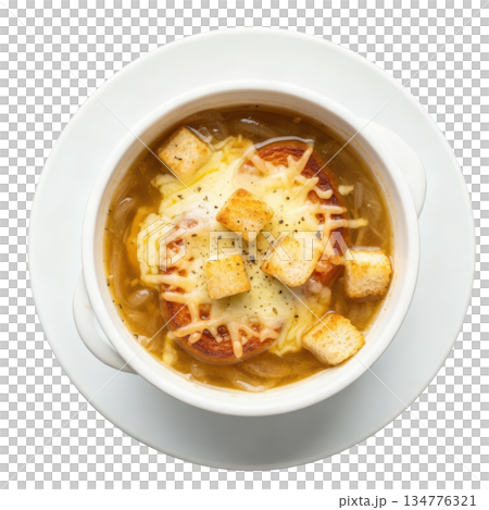Warm French onion soup with savory broth, melted cheese, and croutons in white bowl, comforting gourmet meal 134776321