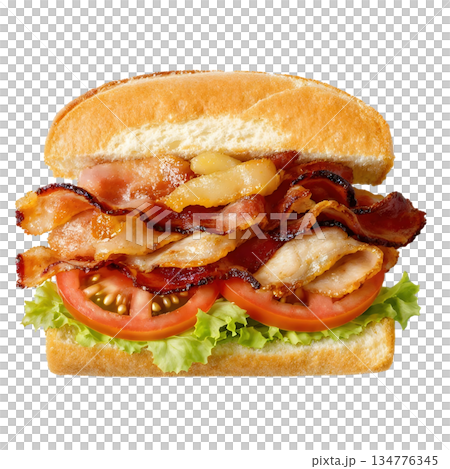 Delicious club sandwich with crispy bacon, chicken, fresh lettuce, and tomato. An appetizing and tasty lunch meal 134776345