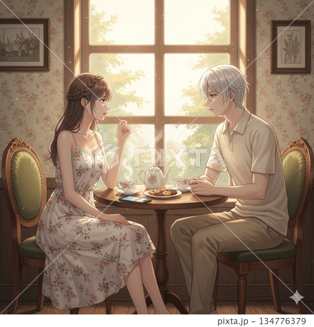 カフェでリラックスするカップル カフェでリラックスするカップル 134776379