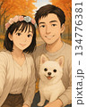愛犬と散歩する若い夫婦 134776381