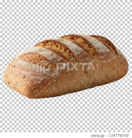 Fresh whole grain bread loaf with crispy crust. Healthy and appetizing meal for breakfast. Baked bakery food 134776550