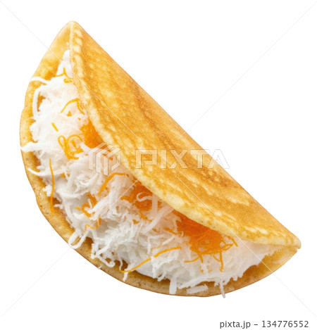 Appetizing Thai crispy pancake dessert with sweet cream, coconut, and golden yolk thread. delicious Thai street food 134776552