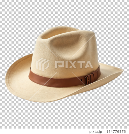 Classic vintage beige fedora hat, fashion accessory with leather band detail expressing timeless, adventurous look Classic vintage beige fedora hat, fashion accessory with leather band detail expressing timeless, adventurous look 134776576