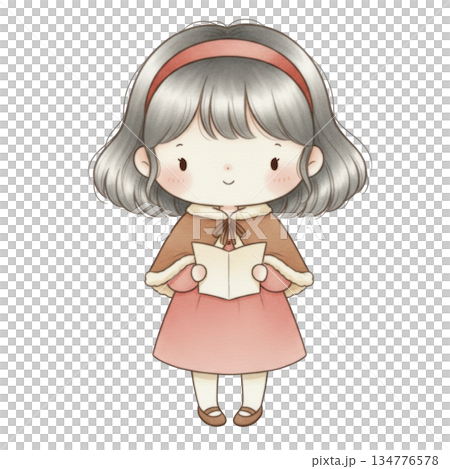 Happy girl cartoon character singing carol. Cute child with grey hair holding book wearing winter cape 134776578