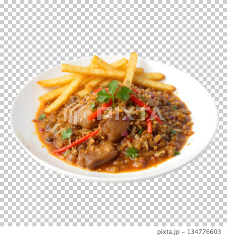 Savory lomo saltado with fries, peppers, red onions, and cilantro on white plate. delicious and hearty meal 134776603