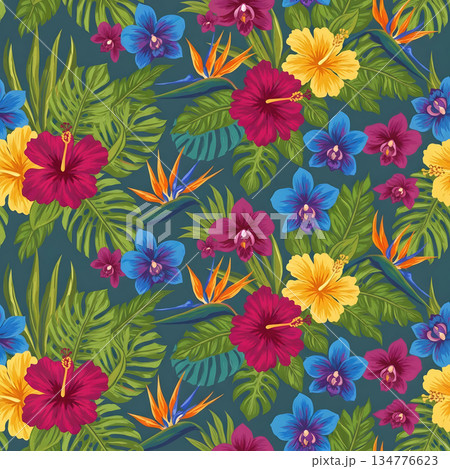 Vibrant tropical flower seamless pattern with floral hibiscus and orchid. lush, exotic and classic botanical background Vibrant tropical flower seamless pattern with floral hibiscus and orchid. lush, exotic and classic botanical background 134776623