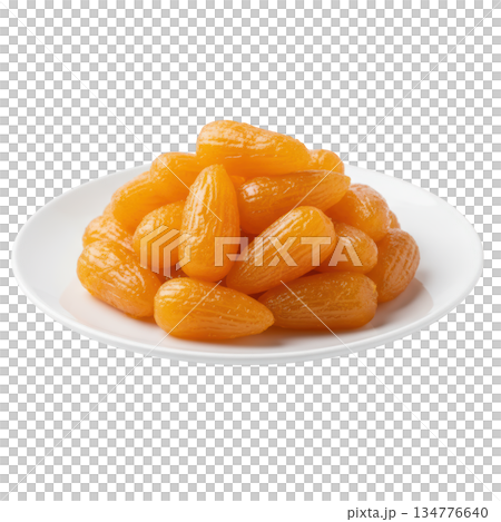 Delicious plate of Med Khanoon, sweet golden Thai dessert. An appetizing food snack full of traditional flavor 134776640