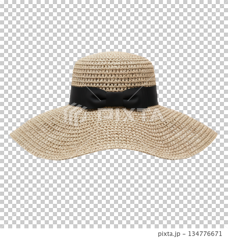 Elegant beige straw sun hat fashion accessory for summer. Woman headwear with wide brim and classic black ribbon Elegant beige straw sun hat fashion accessory for summer. Woman headwear with wide brim and classic black ribbon 134776671