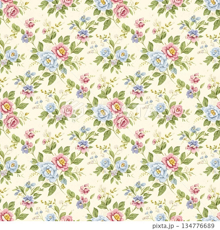 Romantic floral classic seamless pattern with hand painted rose blooms. lovely vintage wallpaper and textile design 134776689