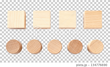 Organized set of geometric wood shapes. row of cube blocks and row of cylinder pieces on transparency background 134776690