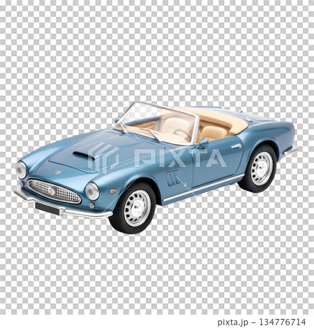 Blue vintage convertible sports car evoking nostalgia. This classic model toy car shows elegant design 134776714