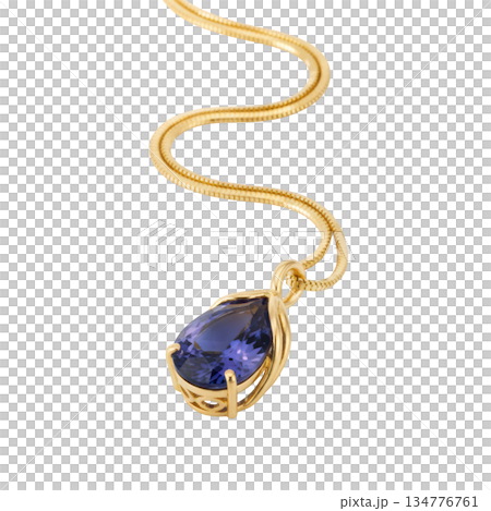 Elegant gold necklace with luxurious blue gemstone teardrop pendant. Precious fine jewelry accessory transparency 134776761