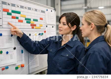 工程進捗を確認する女性技術者の現場管理 134776834