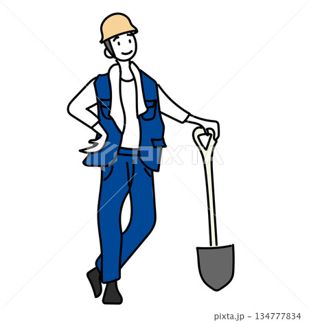 イラスト素材: ヘルメットをかぶりスコップに手を添えて立つ作業員の男性イラスト イラスト素材: ヘルメットをかぶりスコップに手を添えて立つ作業員の男性イラスト 134777834
