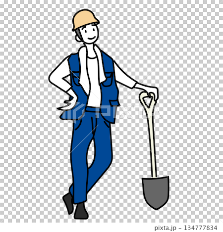 庫存插圖：一名戴著安全帽、手拿鏟子的男工人的插圖 134777834