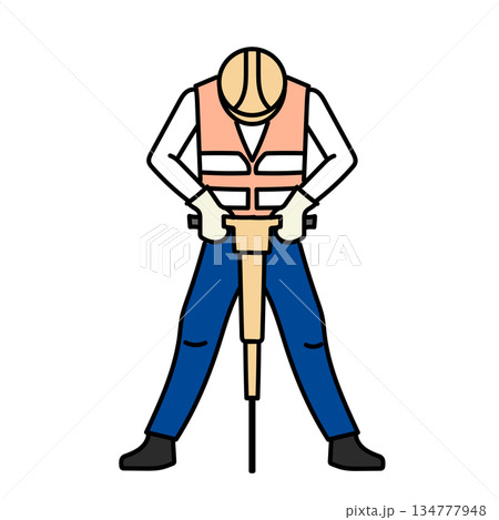 イラスト素材: ヘルメットと安全ベストを着用して削岩機を操作する作業員の男性イラスト 134777948