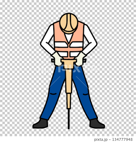 庫存插圖：一名戴著安全帽和安全背心的男性工人正在操作風鎬。 134777948