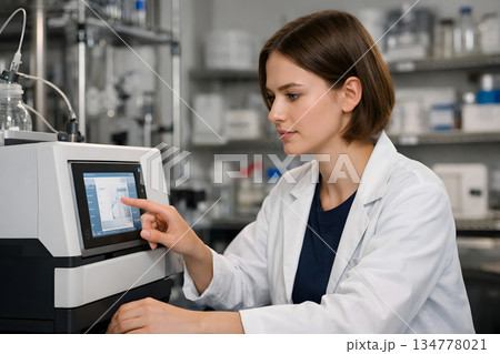 分析装置を操作する若い女性研究者 134778021