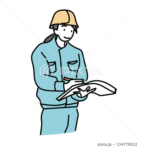 イラスト素材: ヘルメットを着用して図面を確認する女性作業員のイラスト 134778022