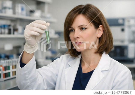 試験管を観察する女性研究者の研究シーン 134778067
