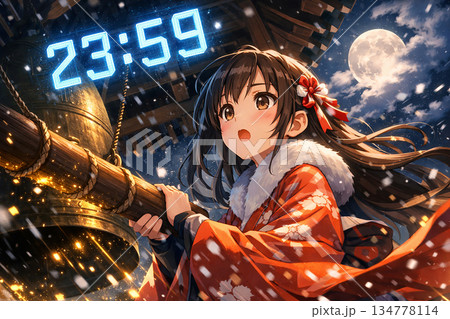 除夜の鐘と年越しカウントダウン23:59　新年を迎えるアニメ美少女の雪夜イラスト 134778114