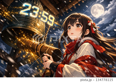 除夜の鐘と年越しカウントダウン23:59　新年を迎えるアニメ美少女の雪夜イラスト 134778115
