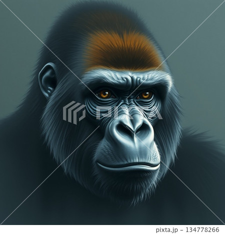 Close-Up Portrait of a Thoughtful Chimpanzee with Intense Amber Eyes in Dim Studio Lighting 134778266