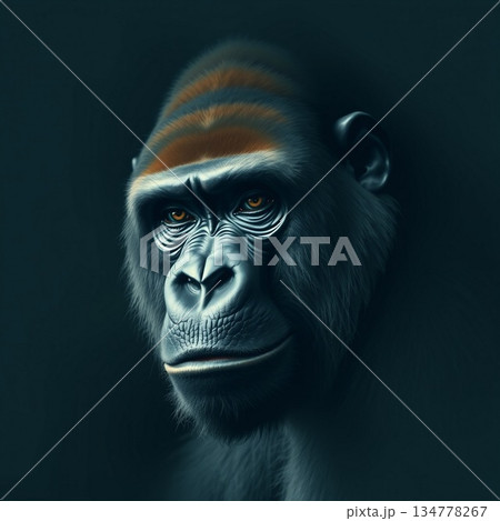 Close-Up Portrait of a Thoughtful Chimpanzee with Intense Amber Eyes in Dim Studio Lighting Close-Up Portrait of a Thoughtful Chimpanzee with Intense Amber Eyes in Dim Studio Lighting 134778267
