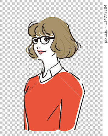 ウエーブヘアでメガネ赤いセーターの女性 134778284