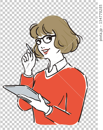 ウエーブヘアでメガネ赤いセーターの女性 134778285