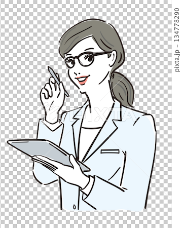 まとめ髪メガネ白衣姿の女性 まとめ髪メガネ白衣姿の女性 134778290