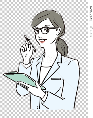 一位頭髮紮起來、戴眼鏡、身穿白大褂的女士 134778291
