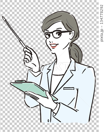 一位頭髮紮起來、戴眼鏡、身穿白大褂的女士 134778292