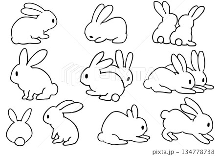 うさぎの線画シルエットイラストセット｜シンプルでおしゃれなポーズ集 134778738