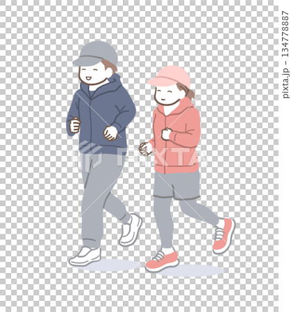 插畫素材：一對男女面帶微笑，快樂慢跑。 134778887