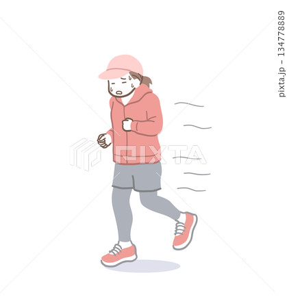 きつそうな表情で走る女性のイラスト素材 134778889