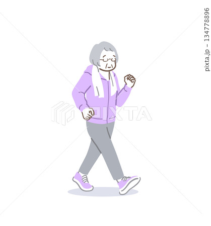 ウォーキングするシニアの女性のイラスト素材 134778896