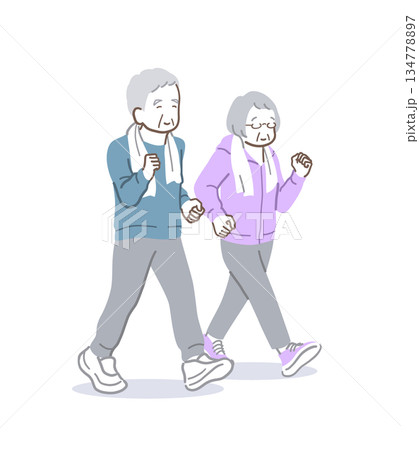 元気にウォーキングするシニアの男女のイラスト素材 134778897