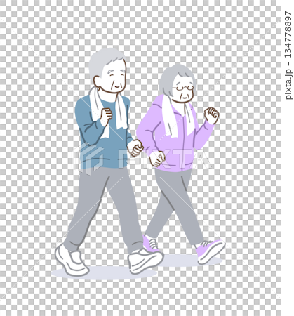 元気にウォーキングするシニアの男女のイラスト素材 134778897