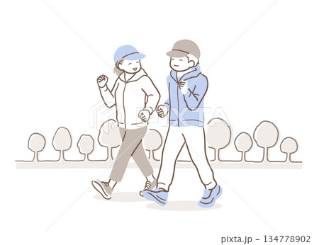 公園でウォーキングする男性と女性のイラスト素材 134778902