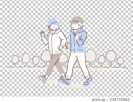 公園でウォーキングする男性と女性のイラスト素材 134778902