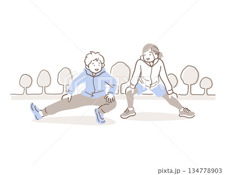 公園でストレッチをする男性と女性のイラスト素材 134778903