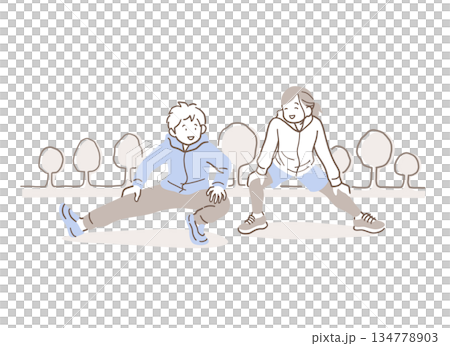 公園裡一對男女伸展身體的插畫素材 134778903