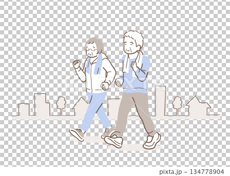 一對老年夫婦在城市裡散步的插畫素材 134778904