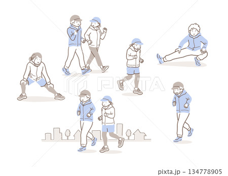 運動をする男女のイラストセット 運動をする男女のイラストセット 134778905