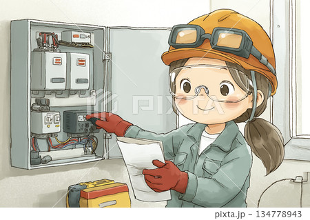 EV充電設備の配電盤を点検する女性電気技師のイラスト 134778943