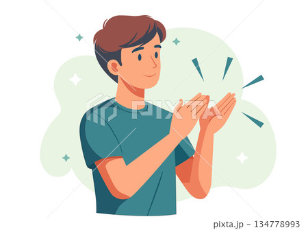 Illustration Young Man Smiling and Clapping Hands Illustration Young Man Smiling and Clapping Hands 134778993