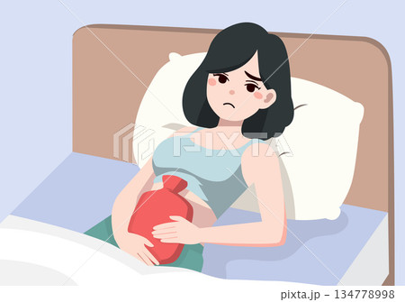 Illustration Young Woman Suffering from Menstrual Cramps or Stomach Ache Illustration Young Woman Suffering from Menstrual Cramps or Stomach Ache 134778998